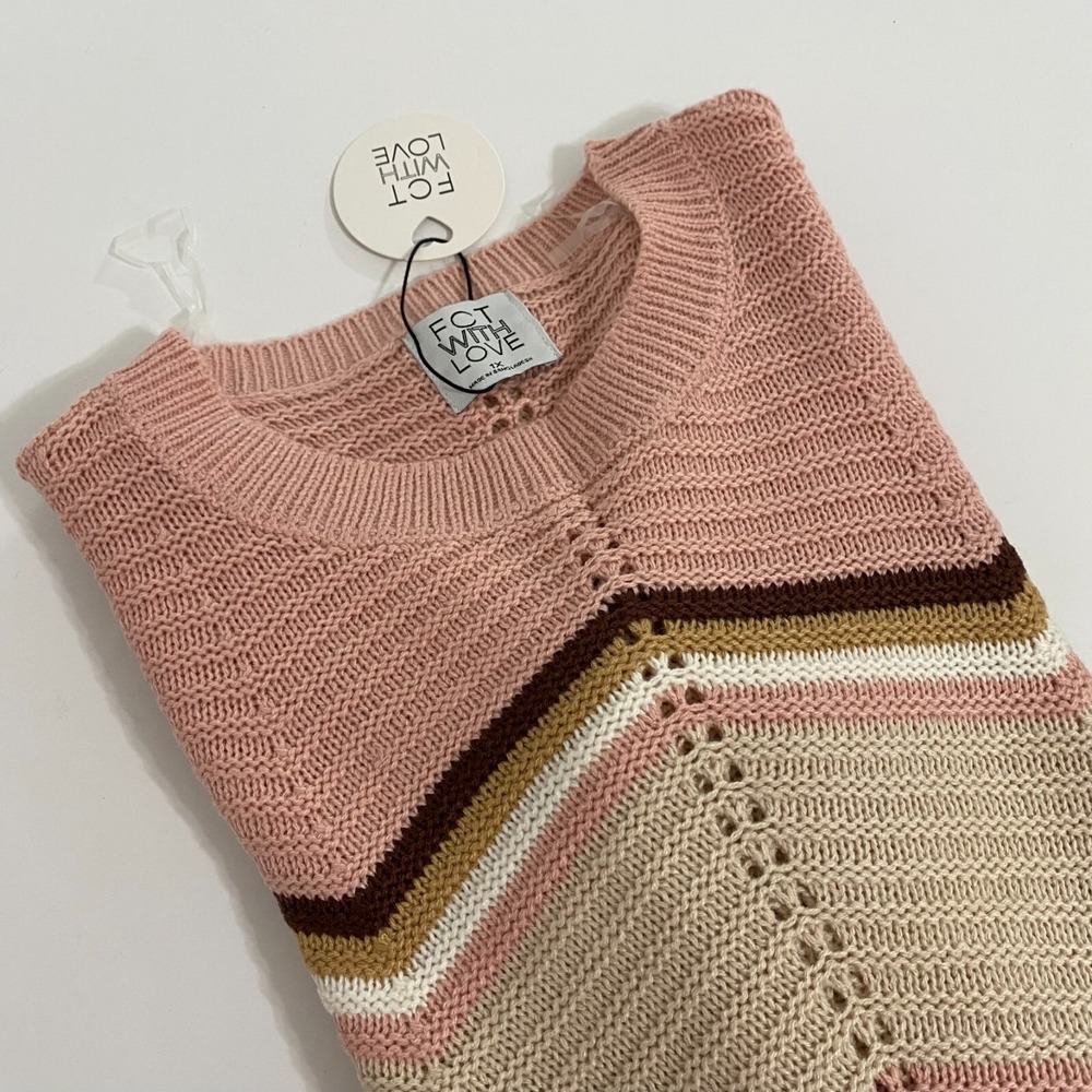 FCT with Love Top Knit Women's Size 1X Long Sleeve Crew Neck Striped Pink Tan